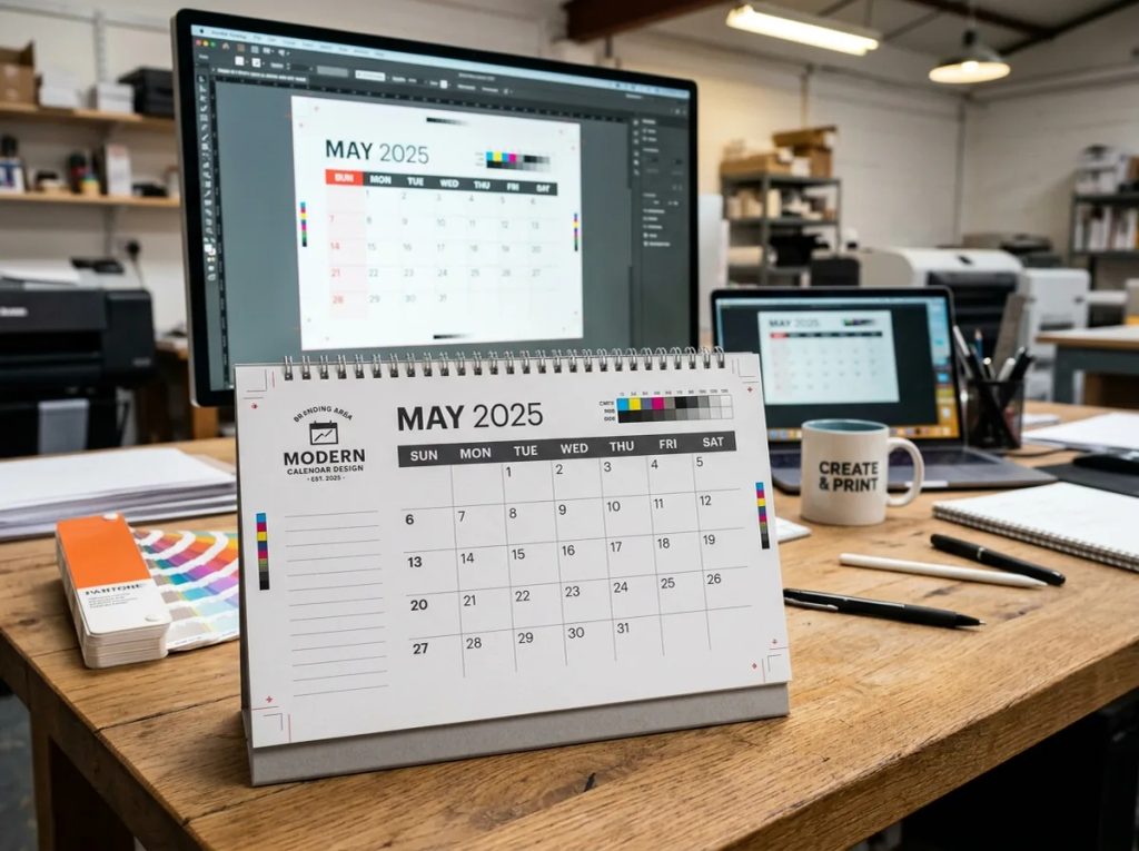 Desain kerangka kalender promosi meja Uprint.id dengan tanggal sans-serif dan area logo untuk branding.