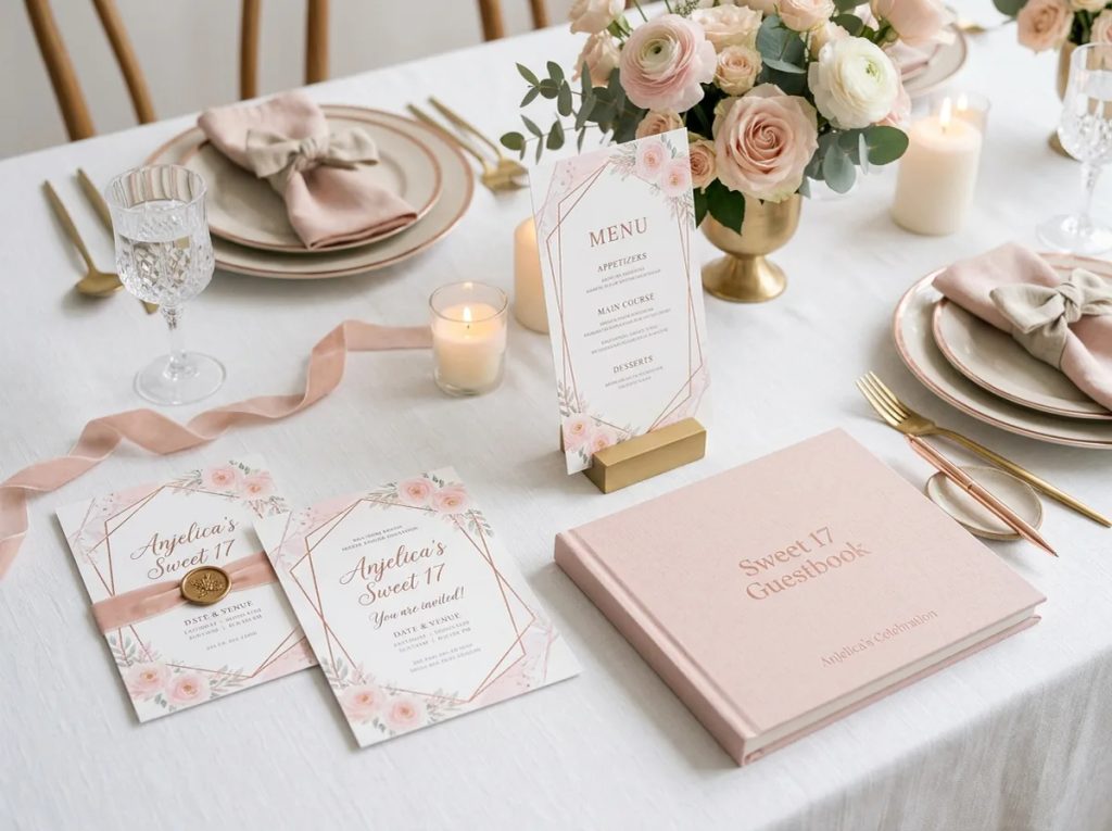 Inspirasi dekorasi meja dan undangan cetak Sweet Seventeen bernuansa rose gold yang elegan untuk persiapan pesta.