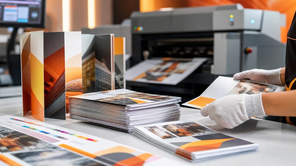 Proses cetak booklet A6 portrait berkualitas premium di Uprint.id untuk media promosi bisnis UMKM.