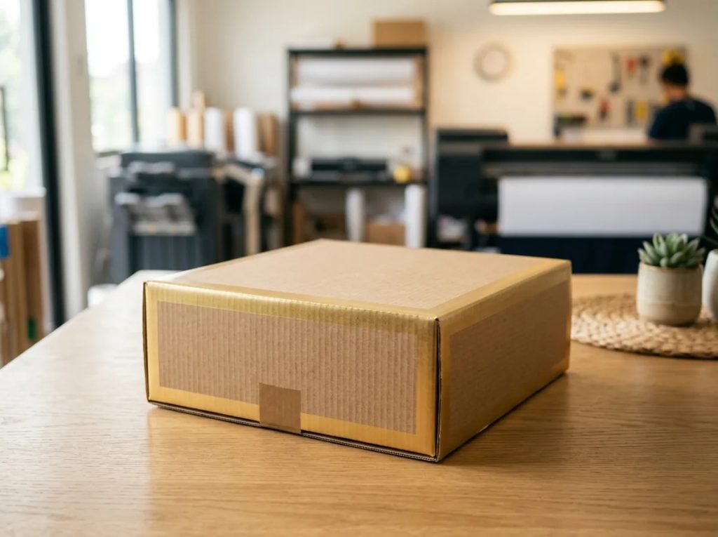 Corrugated Polos Metallic dari Uprint.id, kemasan box kokoh dan cantik dengan aksen metalik emas untuk UMKM.