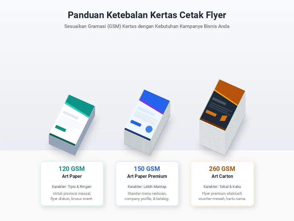 Panduan ketebalan kertas cetak flyer berkualitas Uprint.id mulai dari tipe 120 gsm, 150 gsm, hingga 260 gsm.