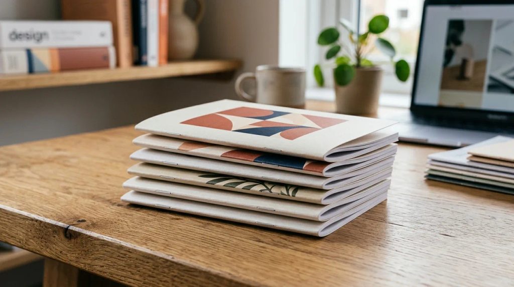 Tumpukan cetak booklet A6 portrait minimal order 50 pcs untuk tes pasar di meja studio kreatif Uprint.id.