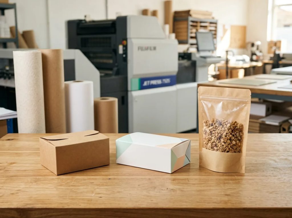 Contoh desain kemasan simple untuk pemula berupa dus snack dan pouch dari percetakan digital Uprint.id.