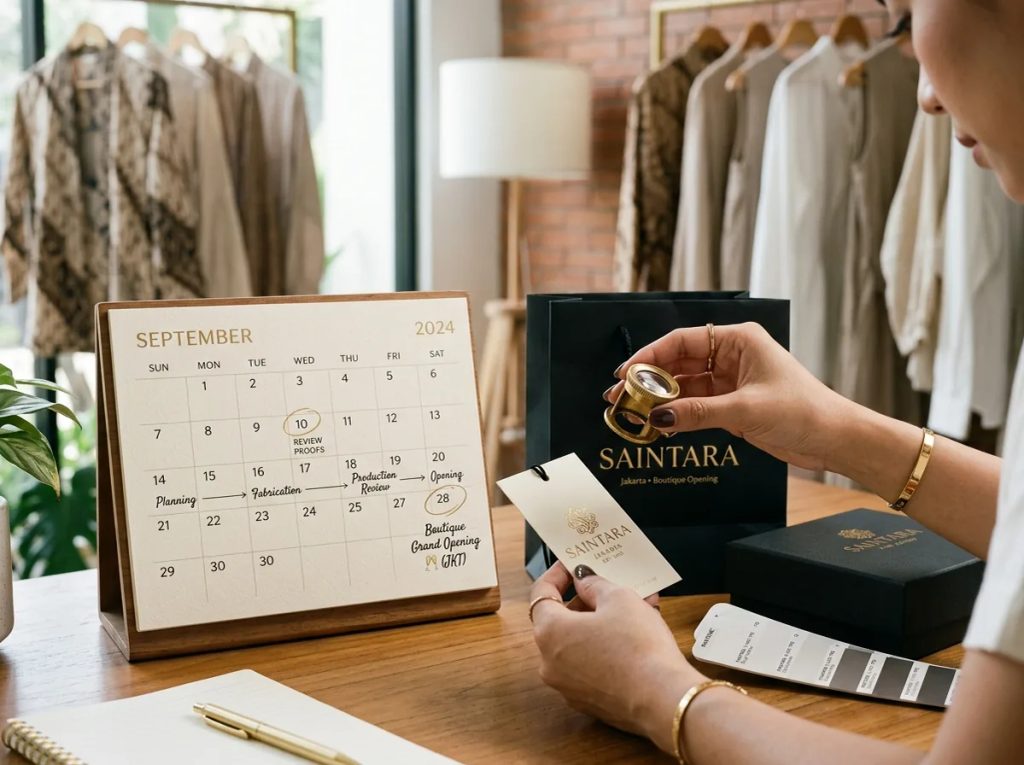 Desainer mengecek sampel kemasan butik jauh sebelum launching untuk memastikan kualitas cetak premium.