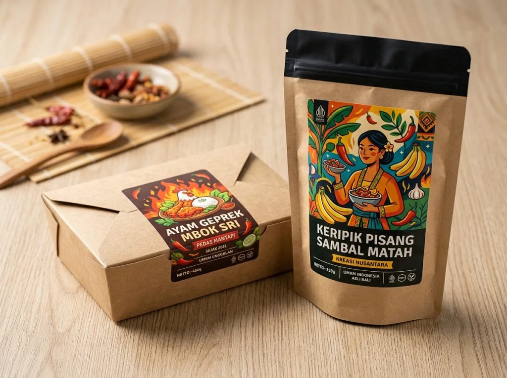 Inspirasi kemasan makanan kertas dan pouch UMKM dengan stiker vinyl kustom dari Uprint.id.