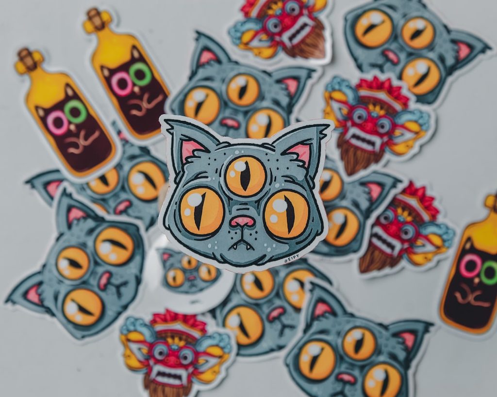 Koleksi stiker desain unik bertema aset visual untuk branding yang mudah ditempel di barang pribadi.