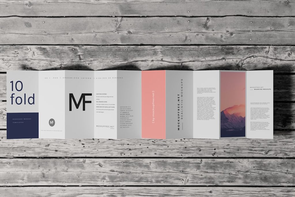 Brosur desain minimalis dengan warna pastel dan logo 'MF'.