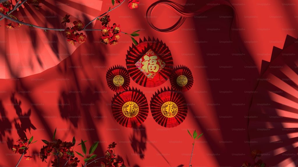 Gambar desain kreatif dengan elemen visual merah dan emas, cocok untuk percetakan online.