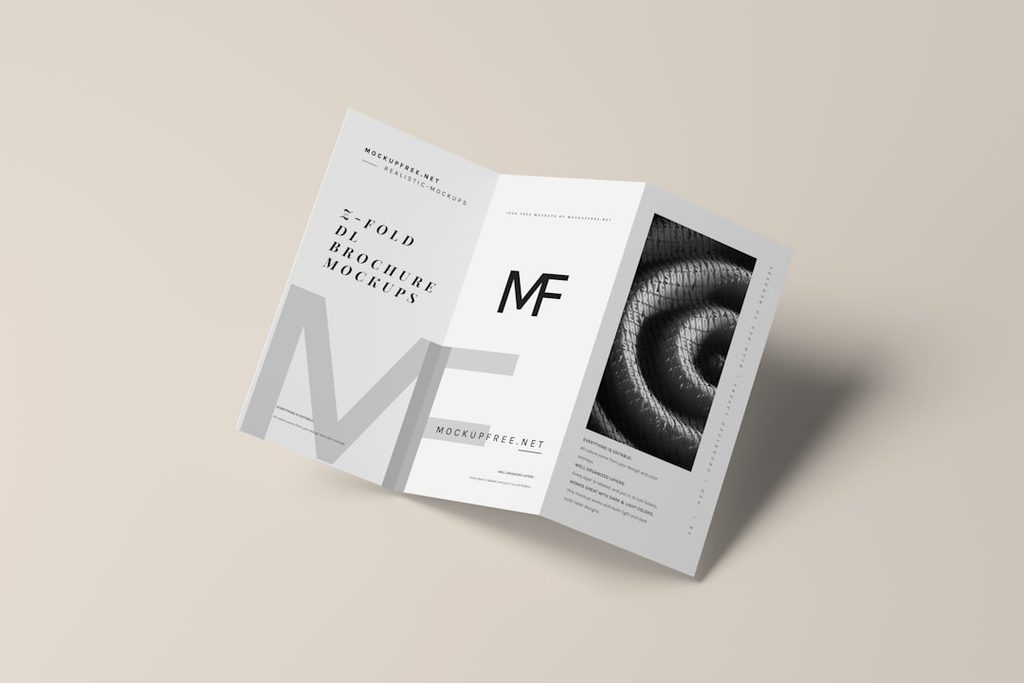 Brosur lipat 3 putih dengan desain minimalis dan logo MF.