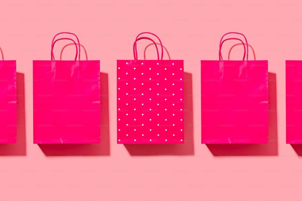 Tas belanja pink dengan pola bintang di latar merah muda, menggambarkan penggunaan warna cerah yang kuat untuk promosi produk retail.