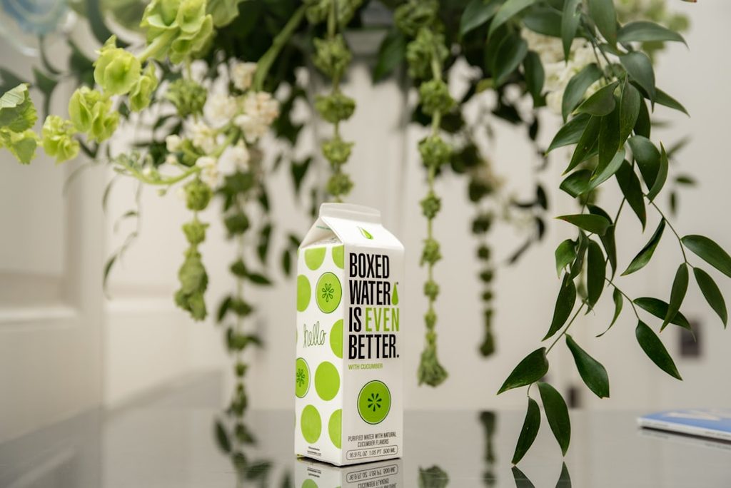 Kemasan air boxed water dengan desain menarik di depan tanaman hias.