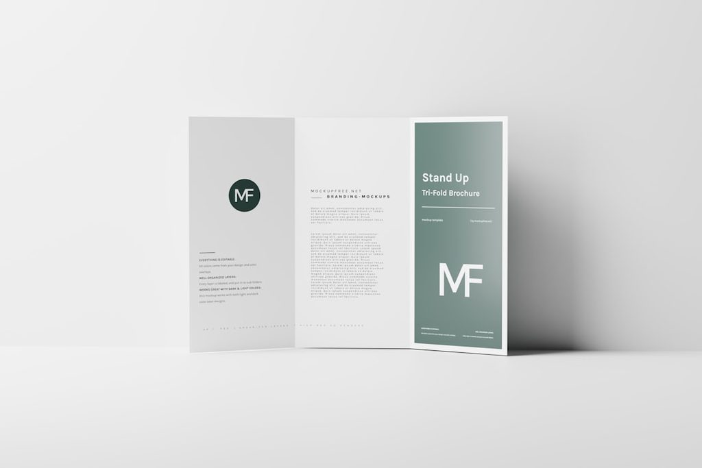Brosur stand up tri-fold dengan desain minimalis dan logo MF.