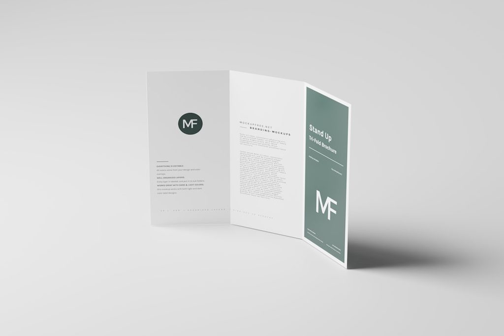 Desain profesional brosur lipat dua dengan logo MF dan informasi produk.