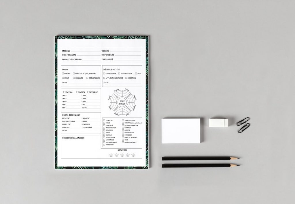 Contoh formulir desain profesional dengan alat tulis dan cetakan.