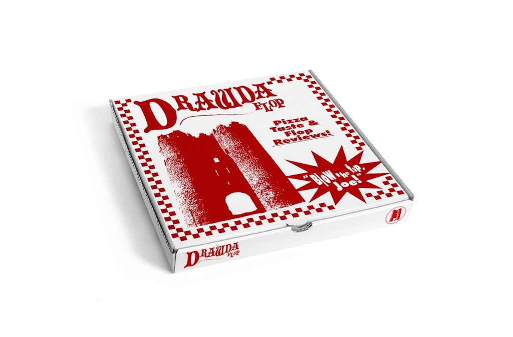Pizza box with Daouda logo and castle design, suitable for food packaging.