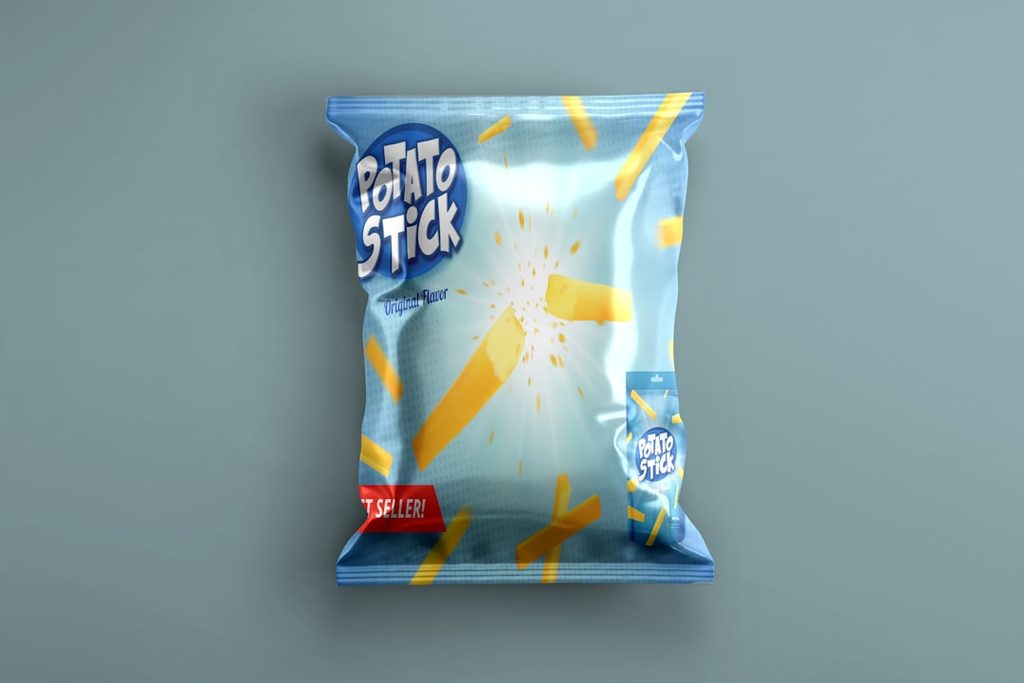 Kemasan makanan dengan tipografi dan tata letak eksploratif yang menekankan pentingnya finishing dan visual rapi dalam materi cetak makanan.