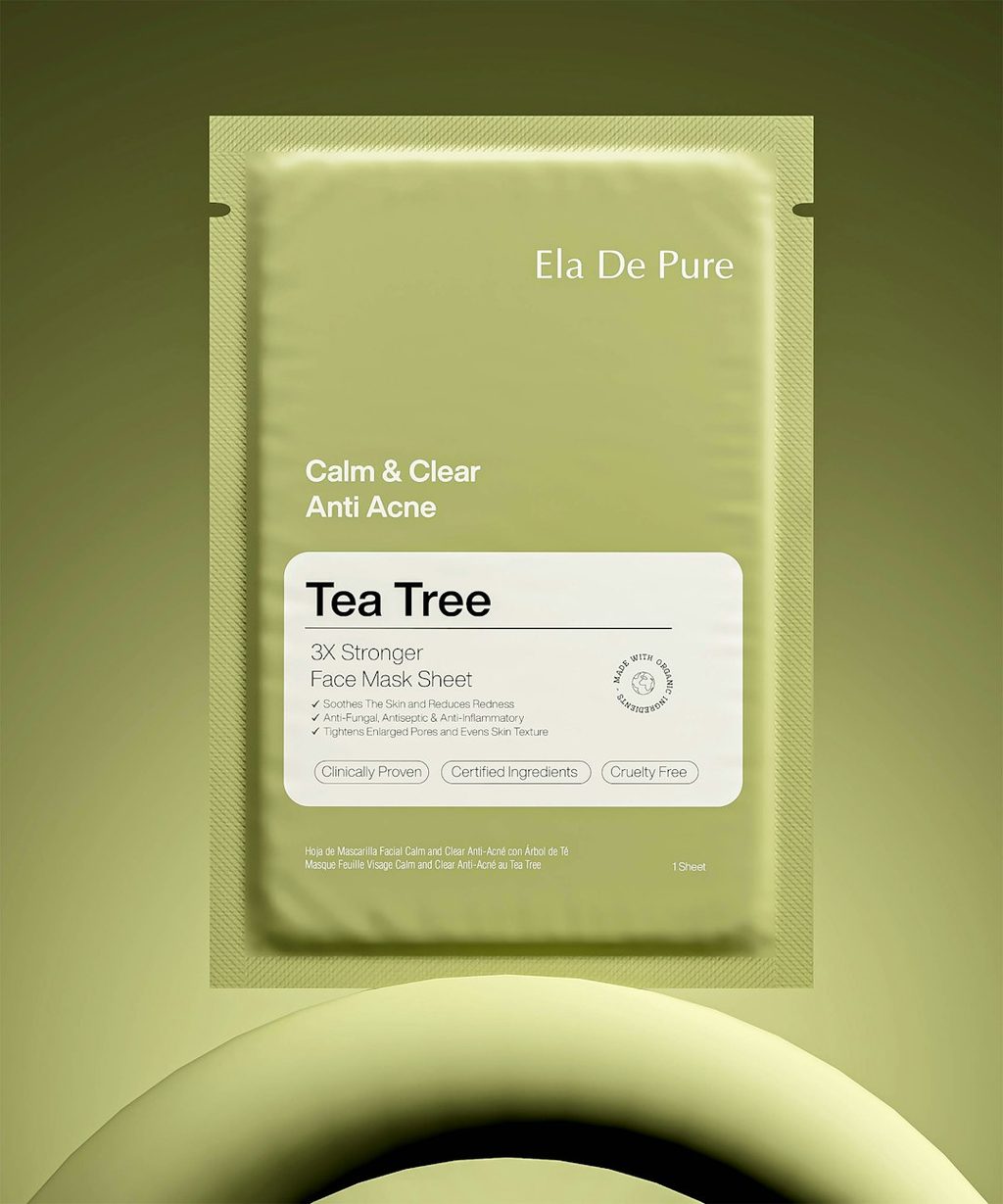 Produk masker wajah Tea Tree dari Ela De Pure dengan kemasan unik dan desain elegan.