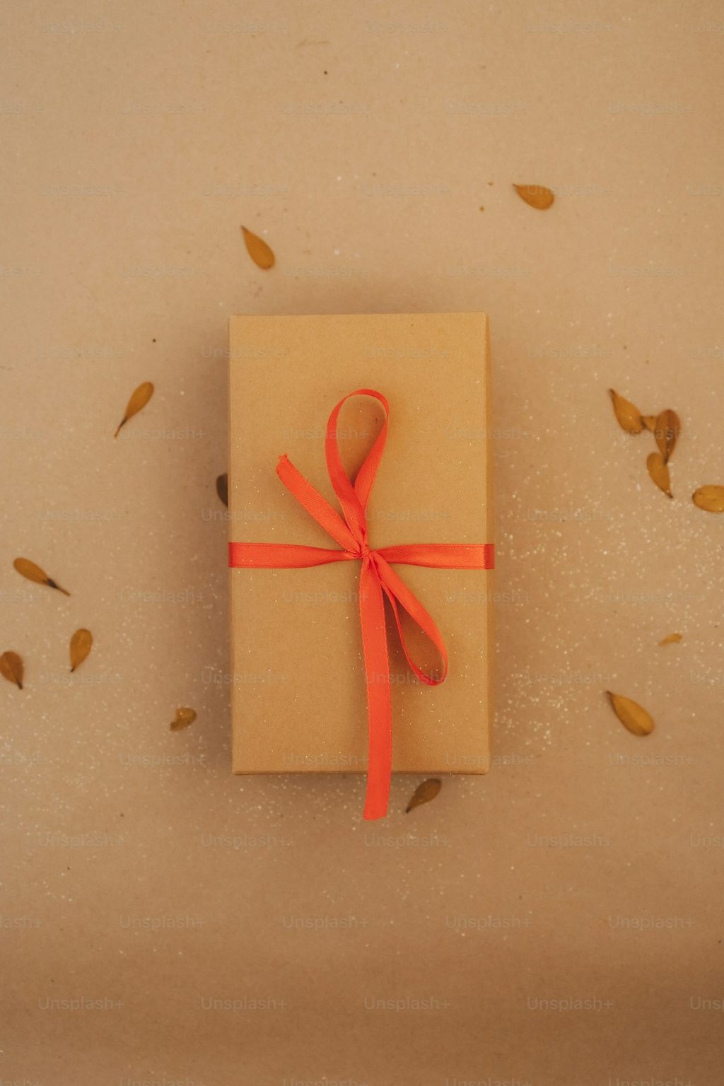 Kotak hadiah kraft dengan tali merah dan dekorasi daun kering, cocok dipadukan dengan wax seal untuk kemasan hadiah premium.