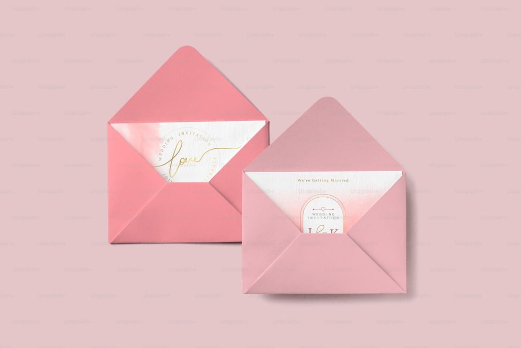 Two pink envelopes with gold foil designs on a soft pink background.