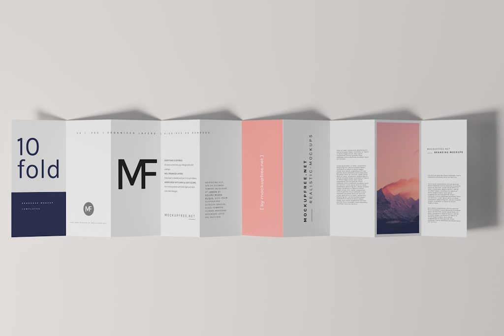 Brosur lipat 5 warna pastel dengan desain minimalis dan logo MF.