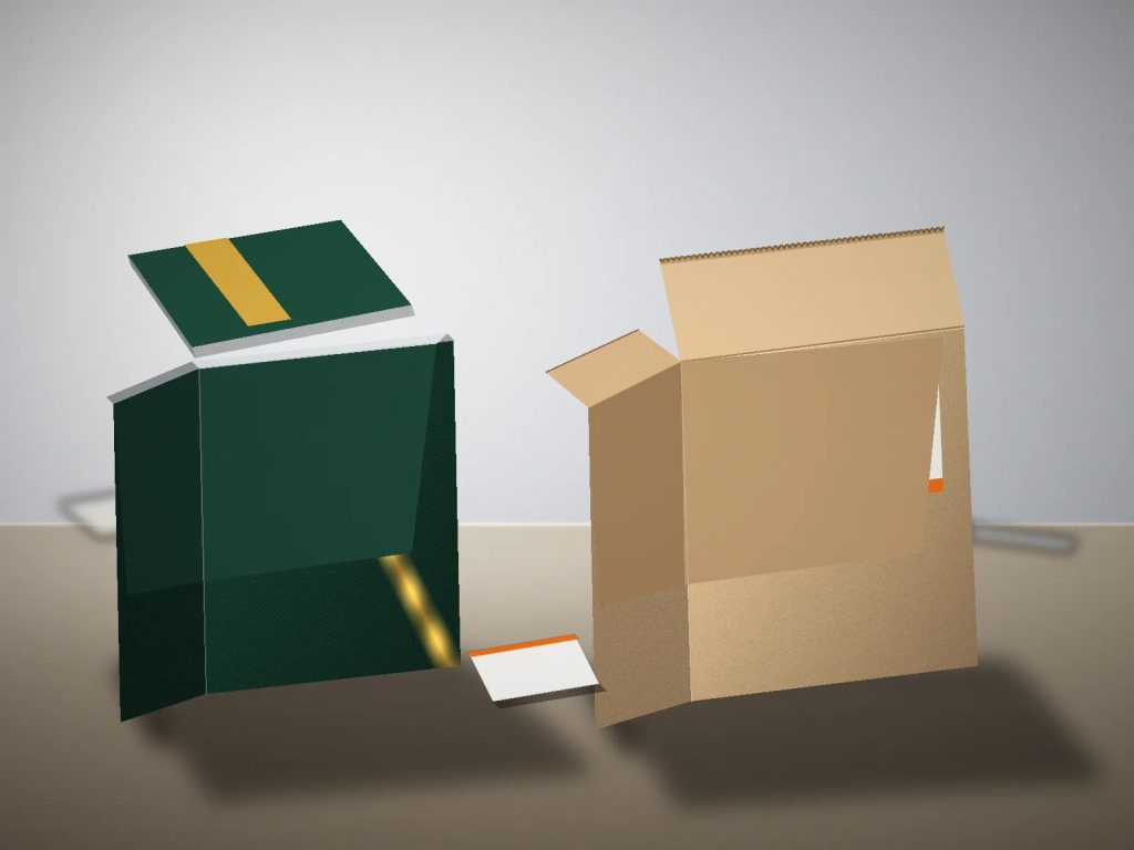 Perbandingan struktur rigid box tebal dan corrugated box untuk kemasan hampers Lebaran premium.