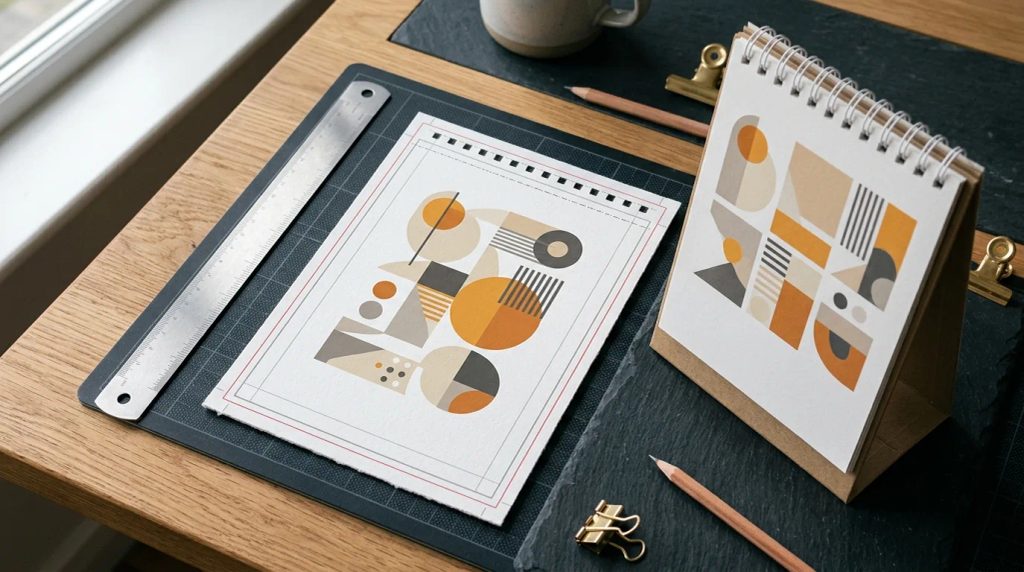 Panduan teknis ukuran kanvas dan area aman lubang spiral pada kalender meja A6 portrait