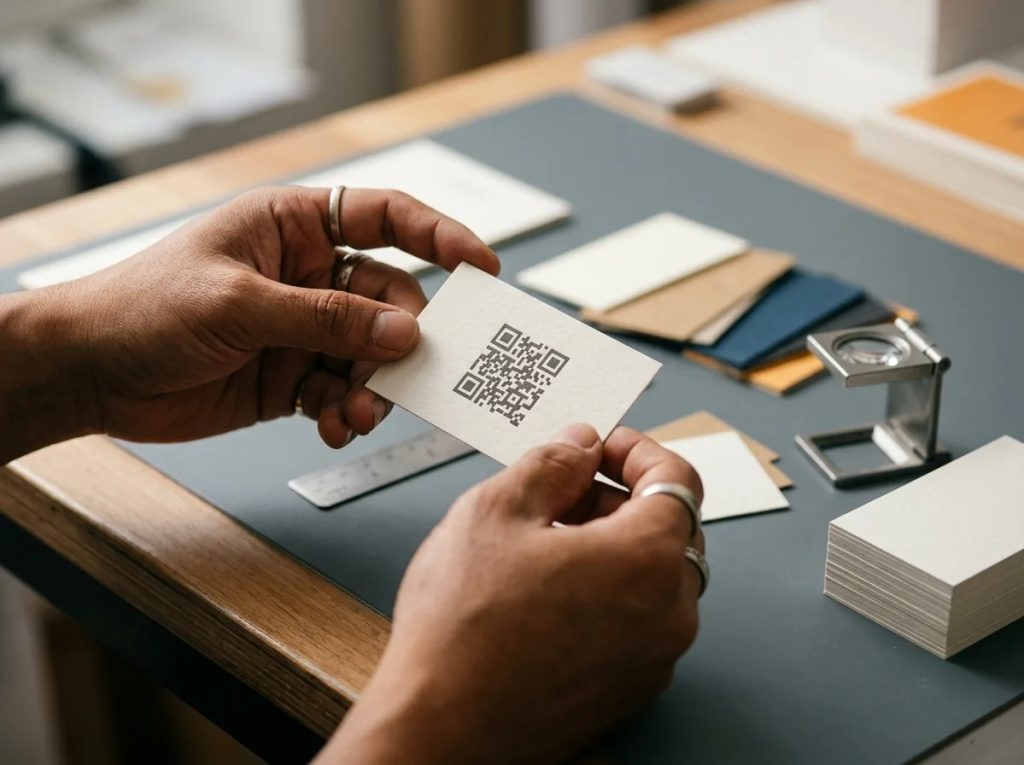 Pengecekan kualitas cetak kartu nama minimalis bertekstur dengan integrasi QR Code profesional.