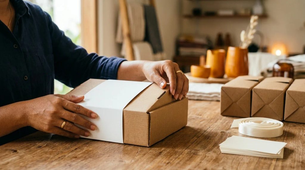 Kotak kemasan mailer box custom nama 50 pcs di meja kerja