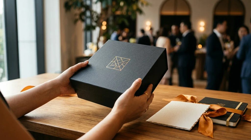 Kemasan hardbox souvenir event eksklusif dengan sentuhan logo emas elegan