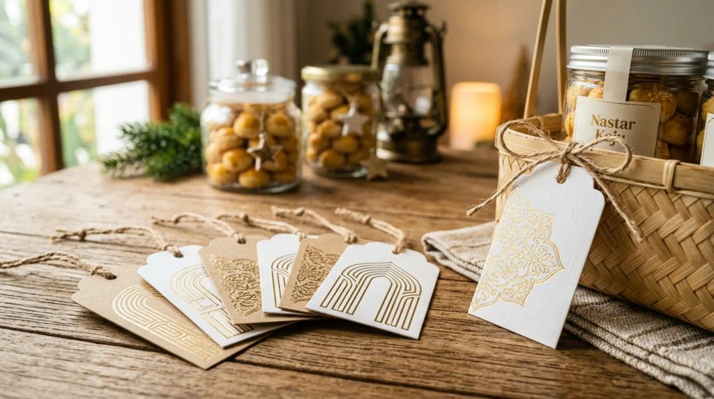 Gift tag Lebaran kustom dengan aksen foil terpasang pada bingkisan hampers Idulfitri