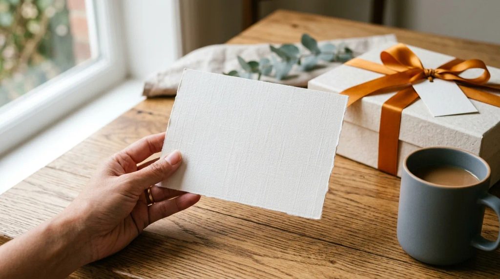 Sentuhan personal kartu notecard A5 pada paket bingkisan premium