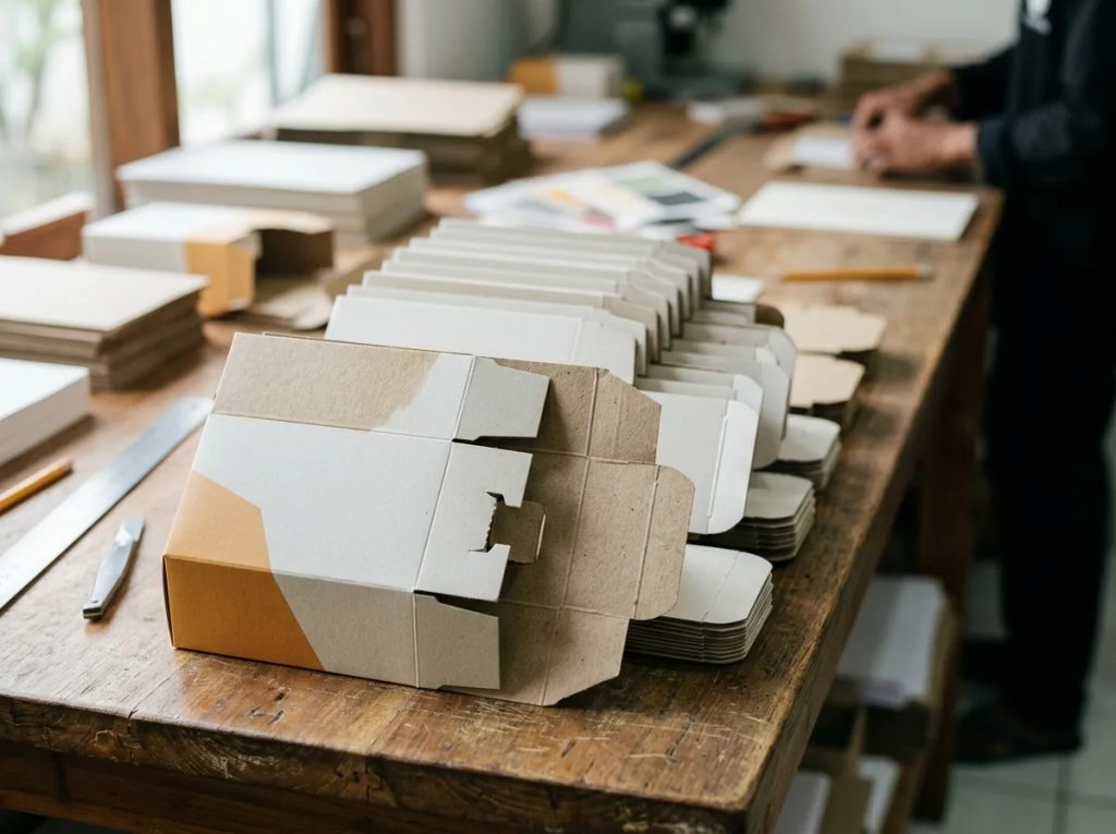 Susunan pola die-cut dan garis creasing presisi pada kemasan produk unik untuk unboxing