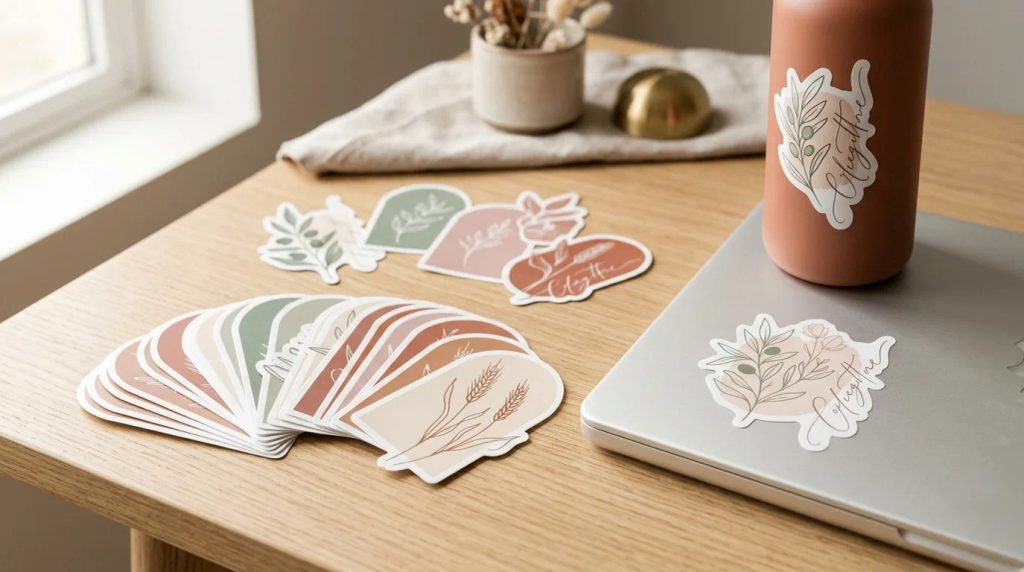 Detail stiker rohani aesthetic lettering dengan ornamen botani pada media kerja harian