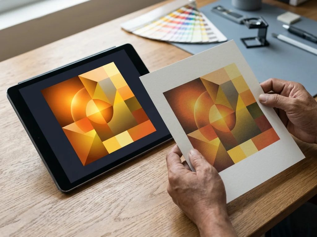 Perbandingan warna desain RGB pada layar tablet dan hasil cetak CMYK di kertas.