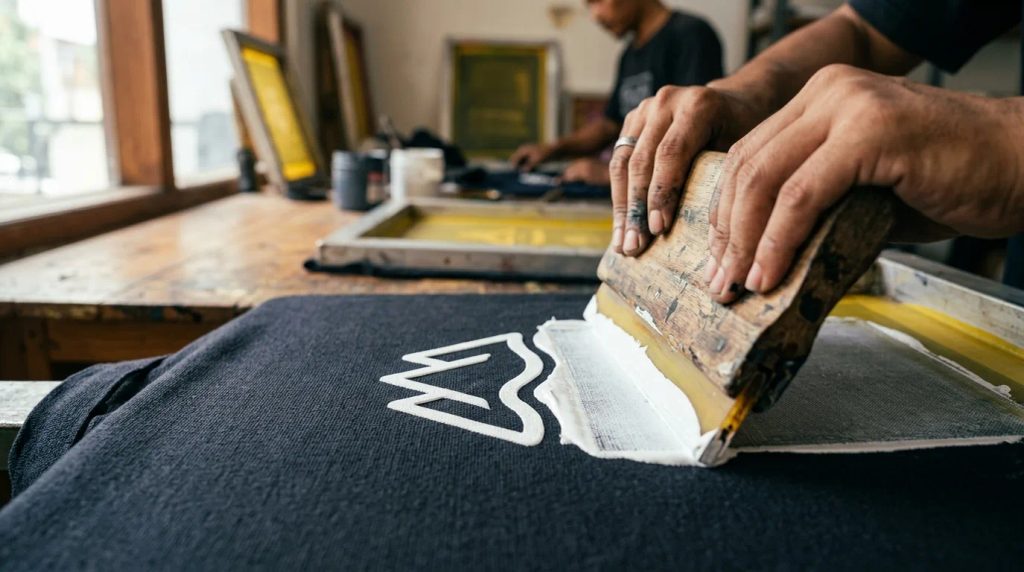 Proses cetak sablon presisi pada permukaan kain canvas warna
