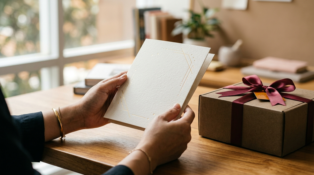 Cetak kartu lebaran kertas doff eksklusif bersanding dengan paket hampers mewah