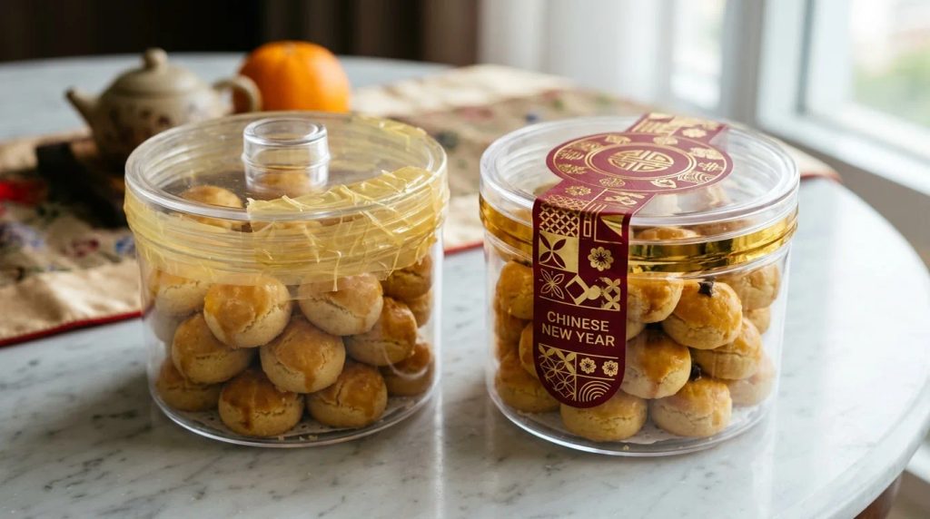 Perbandingan toples kue kering Imlek dengan selotip biasa dan stiker segel panjang vinyl mewah