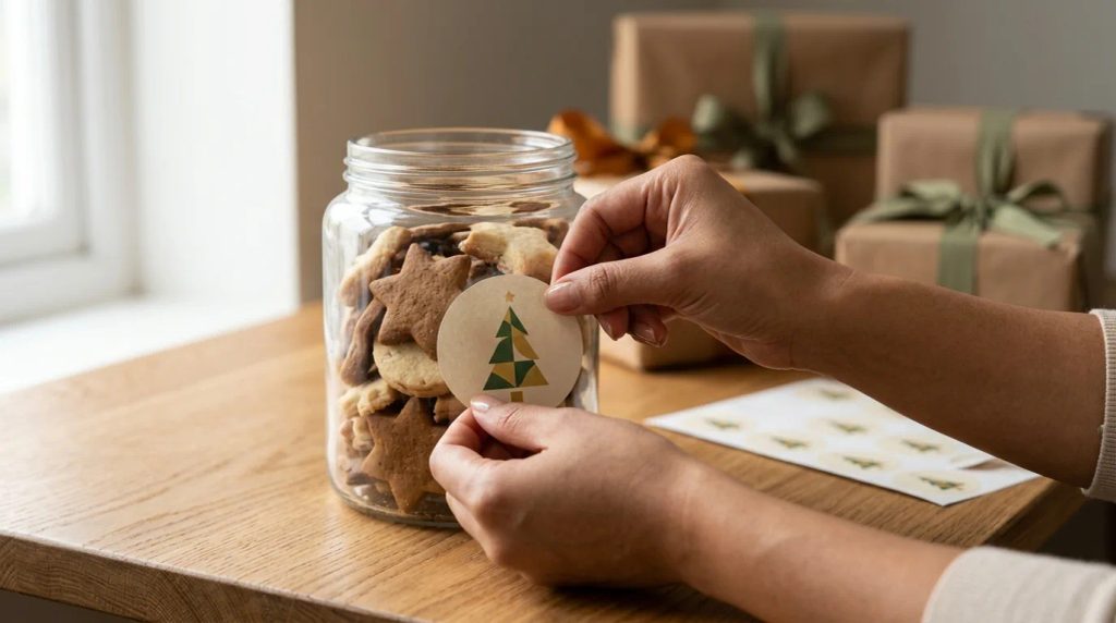 Inspirasi cetak stiker natal murah berlogo untuk kemasan hampers akhir tahun