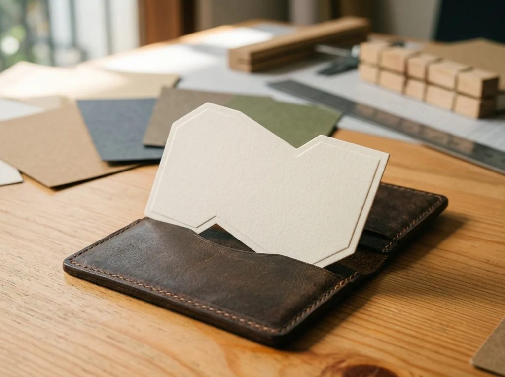 Kartu nama custom die-cut berdimensi unik yang sulit masuk ke dalam saku dompet kartu standar.