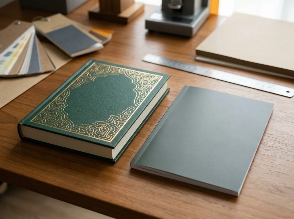 Perbandingan bahan cover buku yasin hardcover mewah dan softcover praktis di meja percetakan.