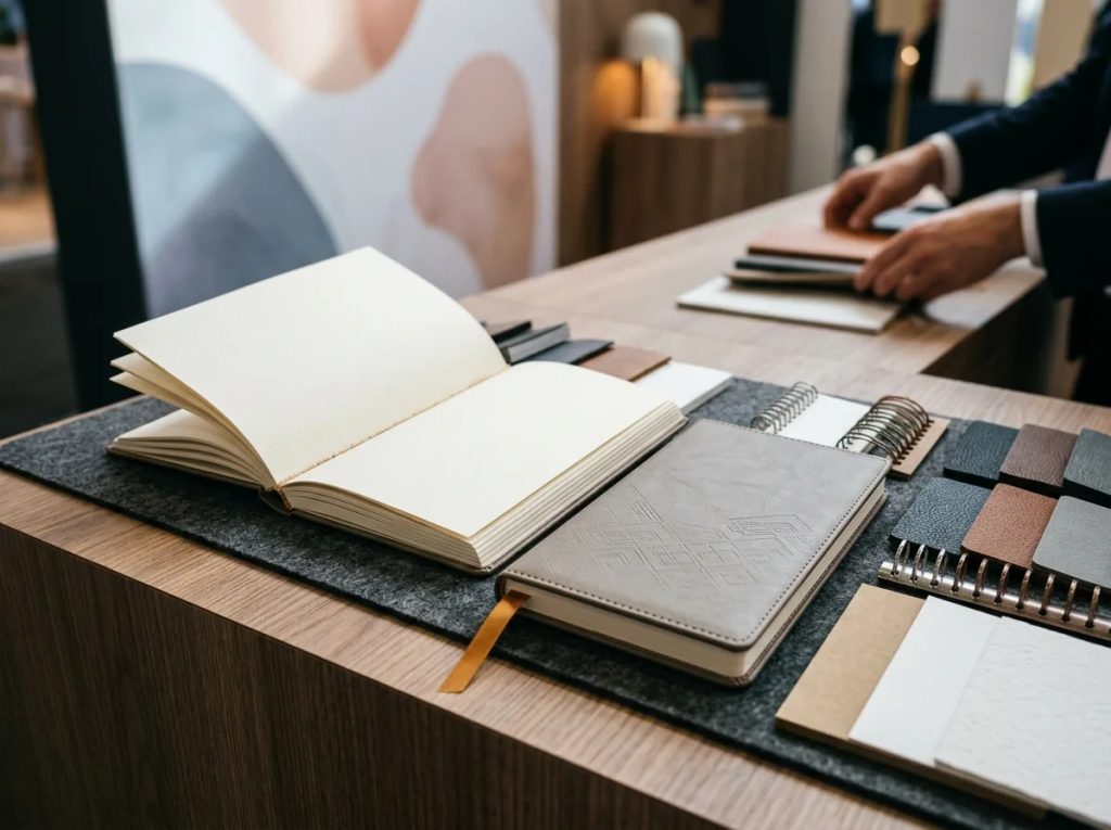 Komponen biaya cetak buku agenda kerja: material cover kulit, jilid spiral, dan kertas bookpaper berkualitas.
