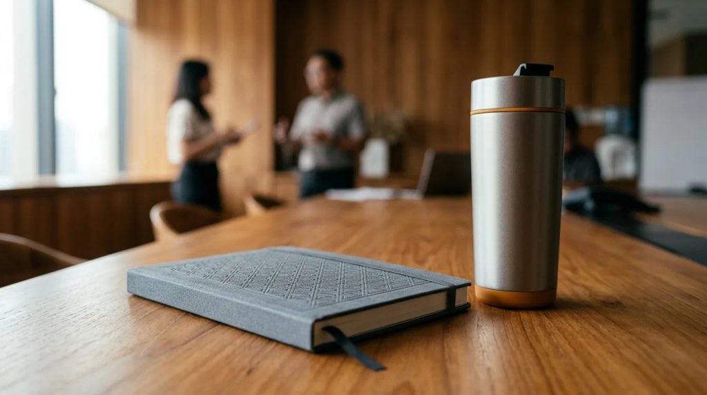 Tampilan contoh cetak merchandise minimal order berkualitas tinggi di meja kerja kantor