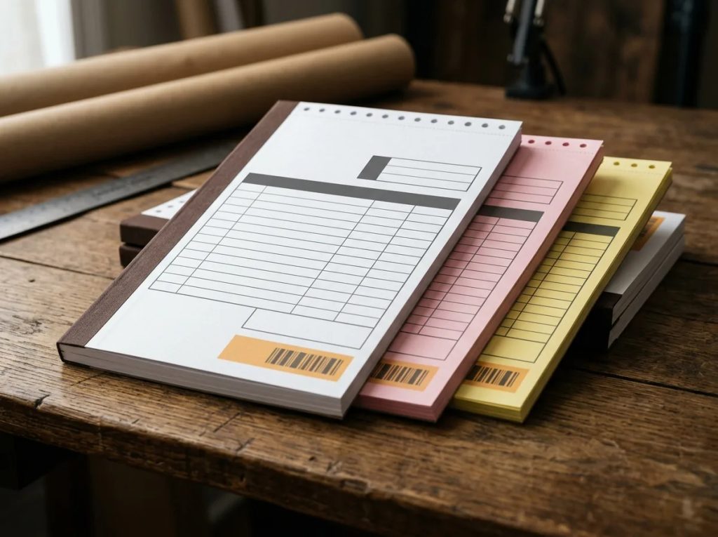 Buku faktur nota NCR bisnis dengan kolom promosi khusus untuk repeat order di percetakan.