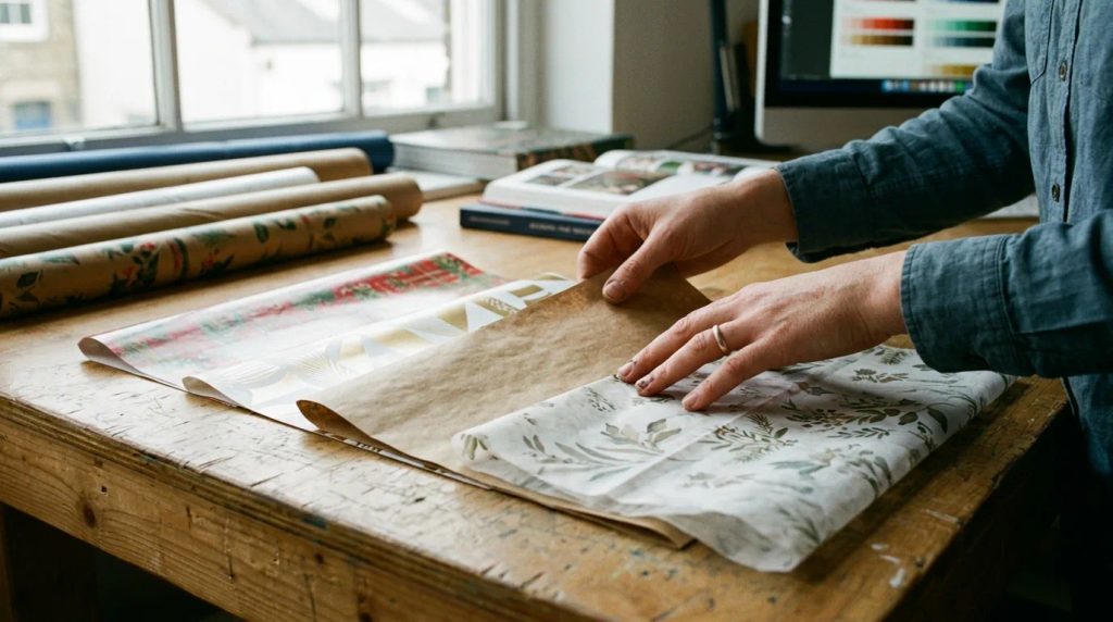 Perbandingan lembaran wrapping paper kustom bahan art paper, samson kraft, dan tissue paper.