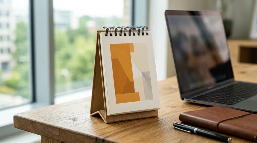 Kalender meja A6 portrait ringkas berdiri rapi di samping laptop pada meja kerja modern