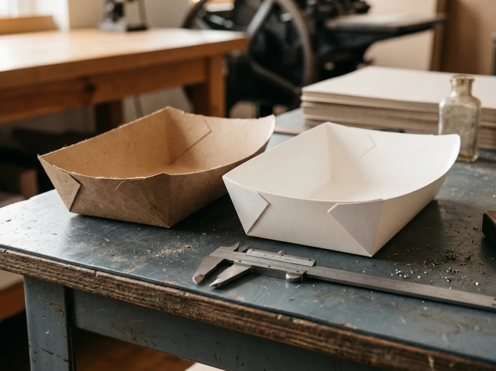 Perbandingan teknis paper tray makanan bahan kraft paper cokelat dan food grade ivory board putih.
