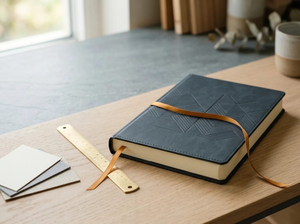 Buku agenda kerja premium dan penggaris presisi untuk kalkulasi efisiensi anggaran cetak bisnis.