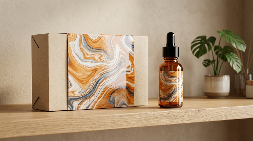 Aplikasi cetak kemasan fluid pattern glossy pada sleeve box dan botol serum di rak display