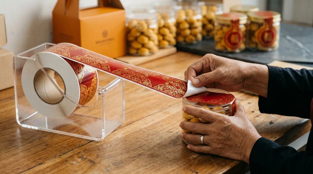 Pemasangan stiker toples panjang imlek format roll pada toples kue kering