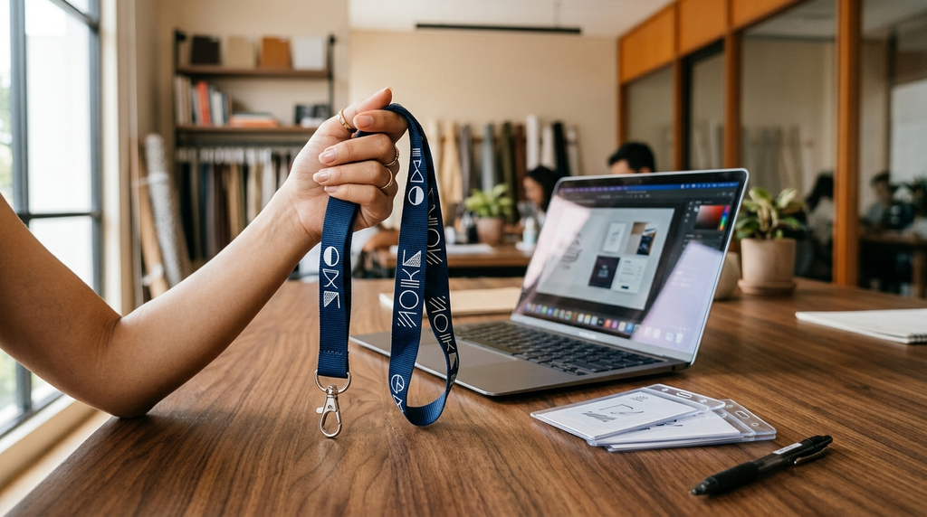 Tim marketing memegang sampel lanyard custom berkualitas tinggi di atas meja kerja kantor